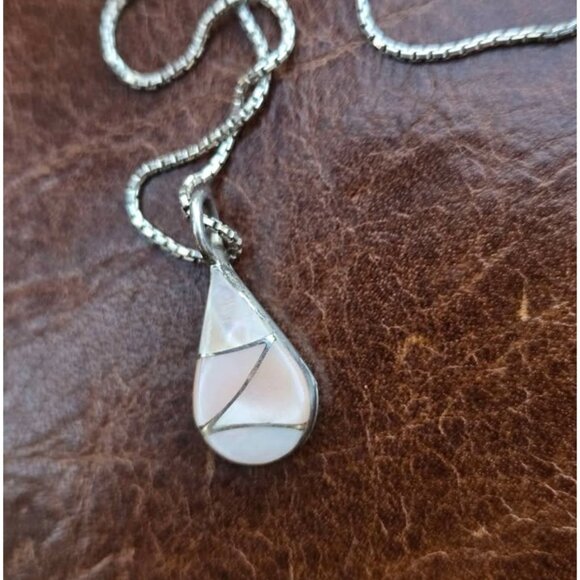 Double Sided Zuni Fish Scale Inlay Silver Pendant Turquoise & Mother of Pearl - Picture 5 of 9